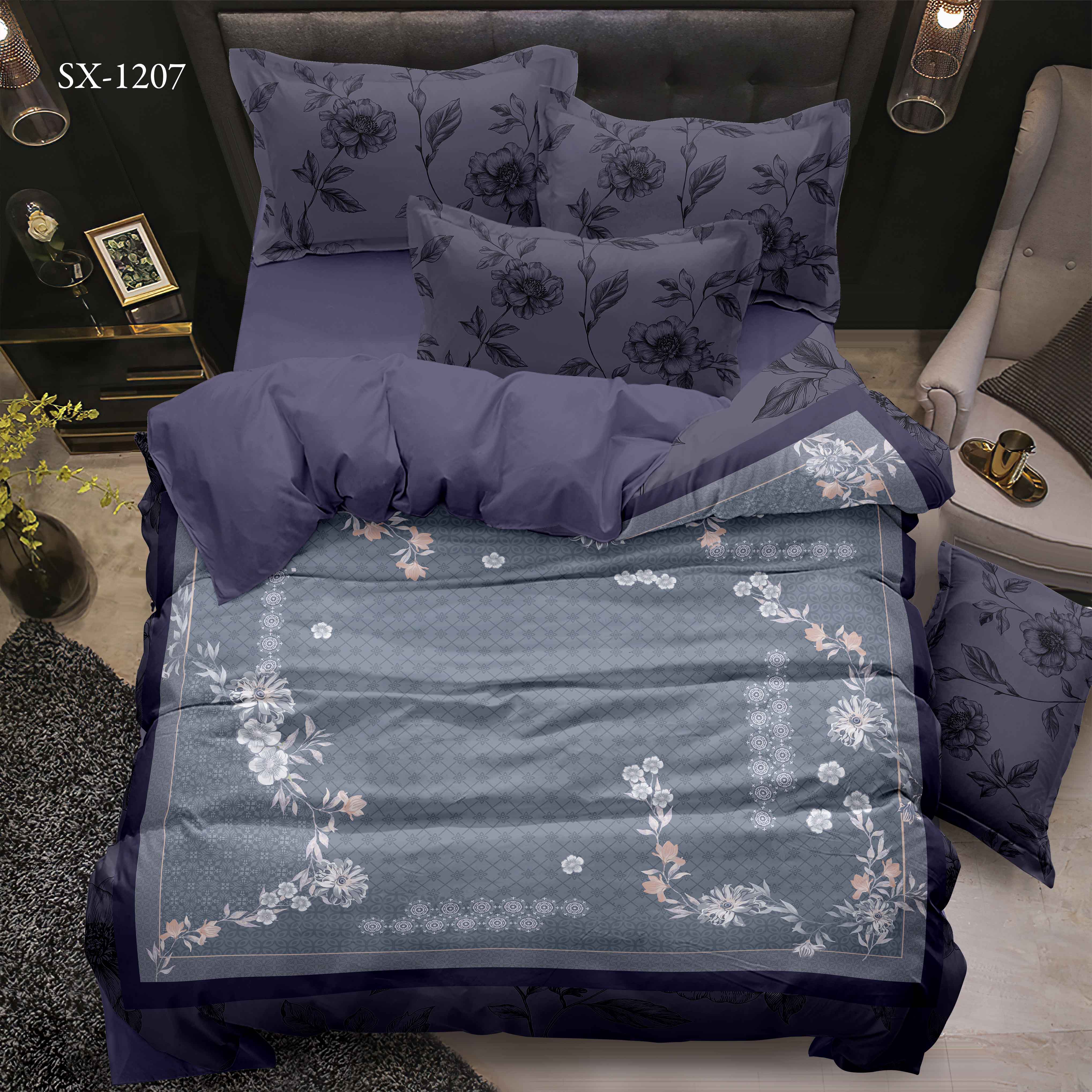 5D Digital Printed Bed Sheet Set dengan perbatasan bunga dan desain pola geometris
