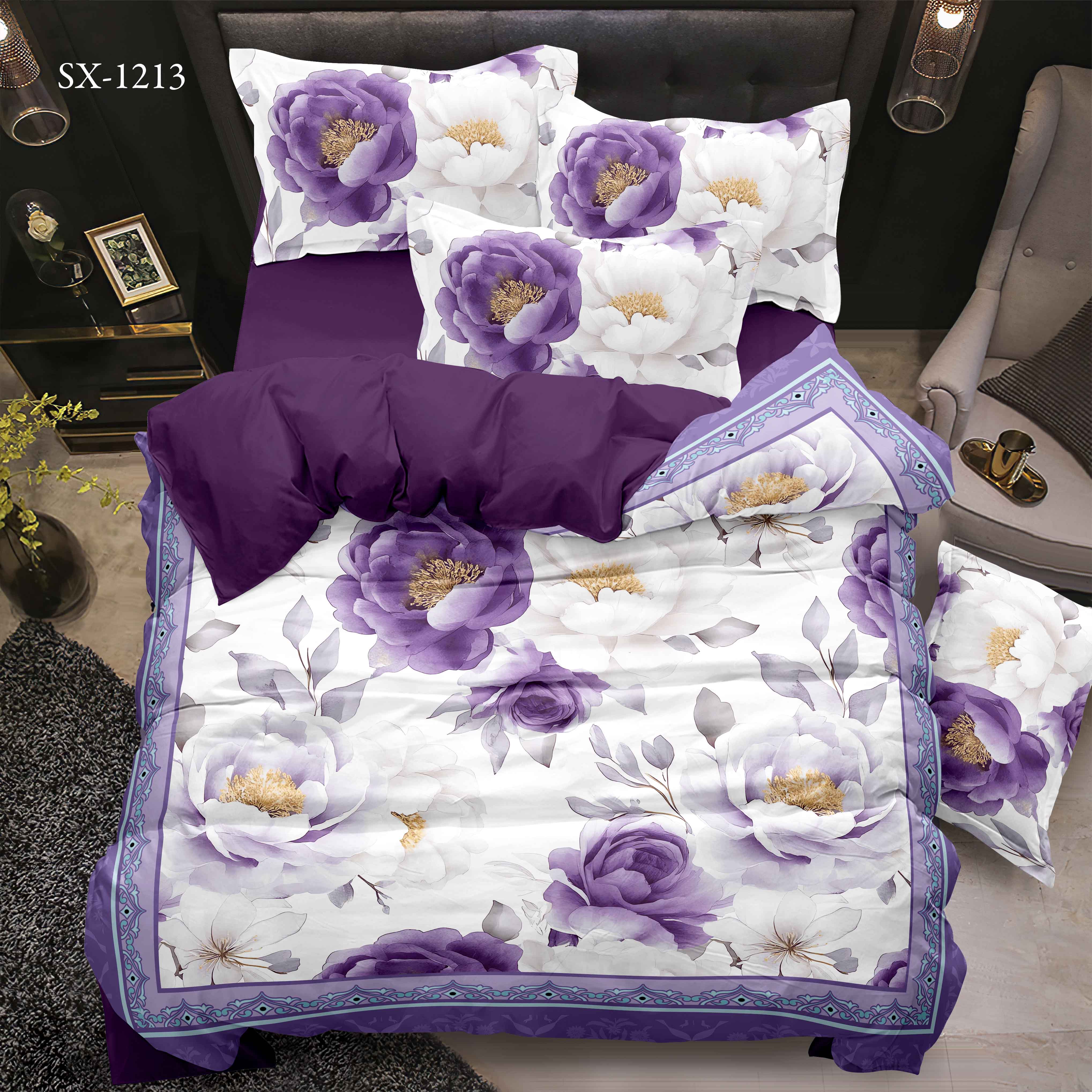 5D Digital Digital Bed Sheet Set Floral dengan Purple Peony dan Desain Perbatasan Dekoratif