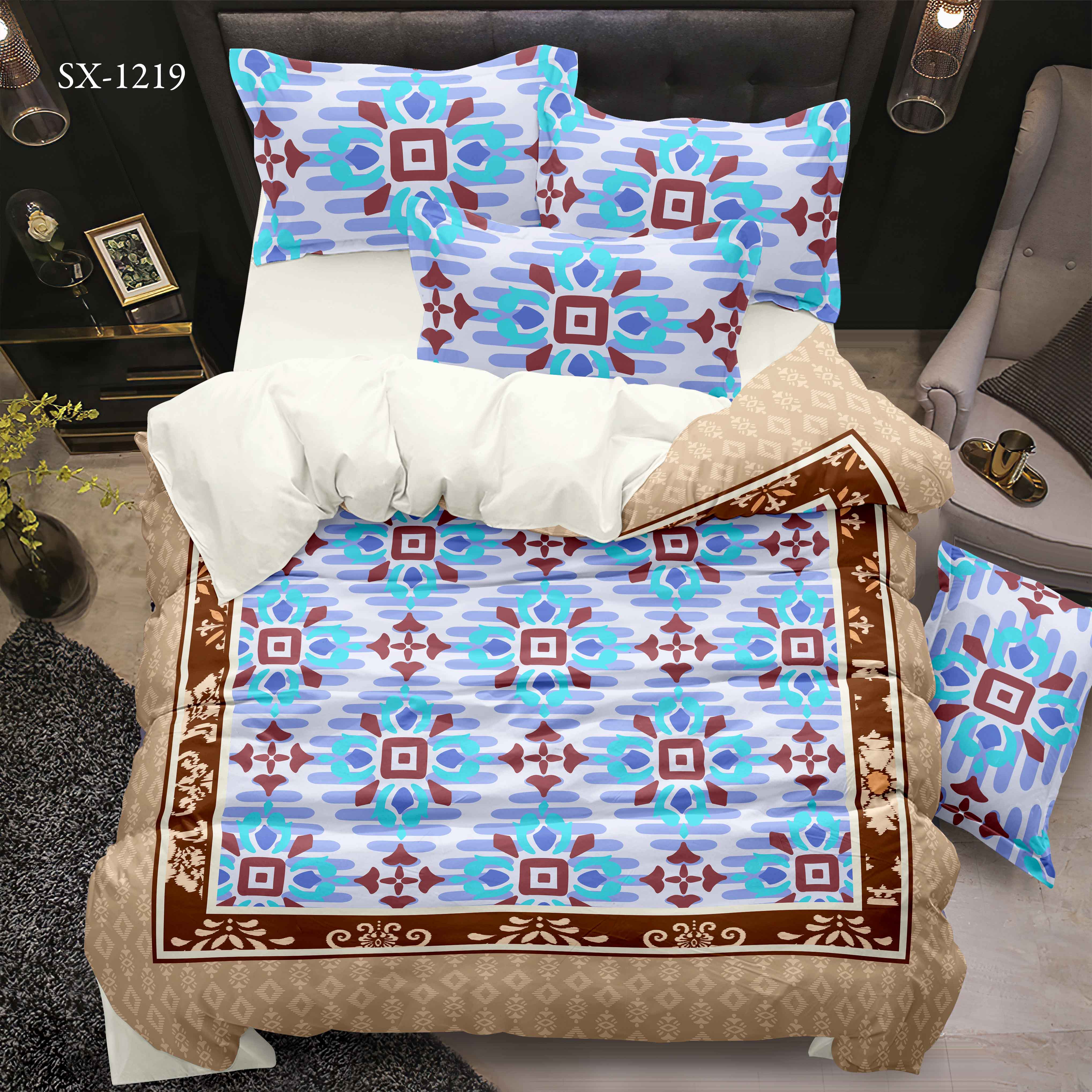 5D Digital Digital Cetak Sheet Set Dengan Desain Perbatasan Mosaik dan Dekoratif Geometris