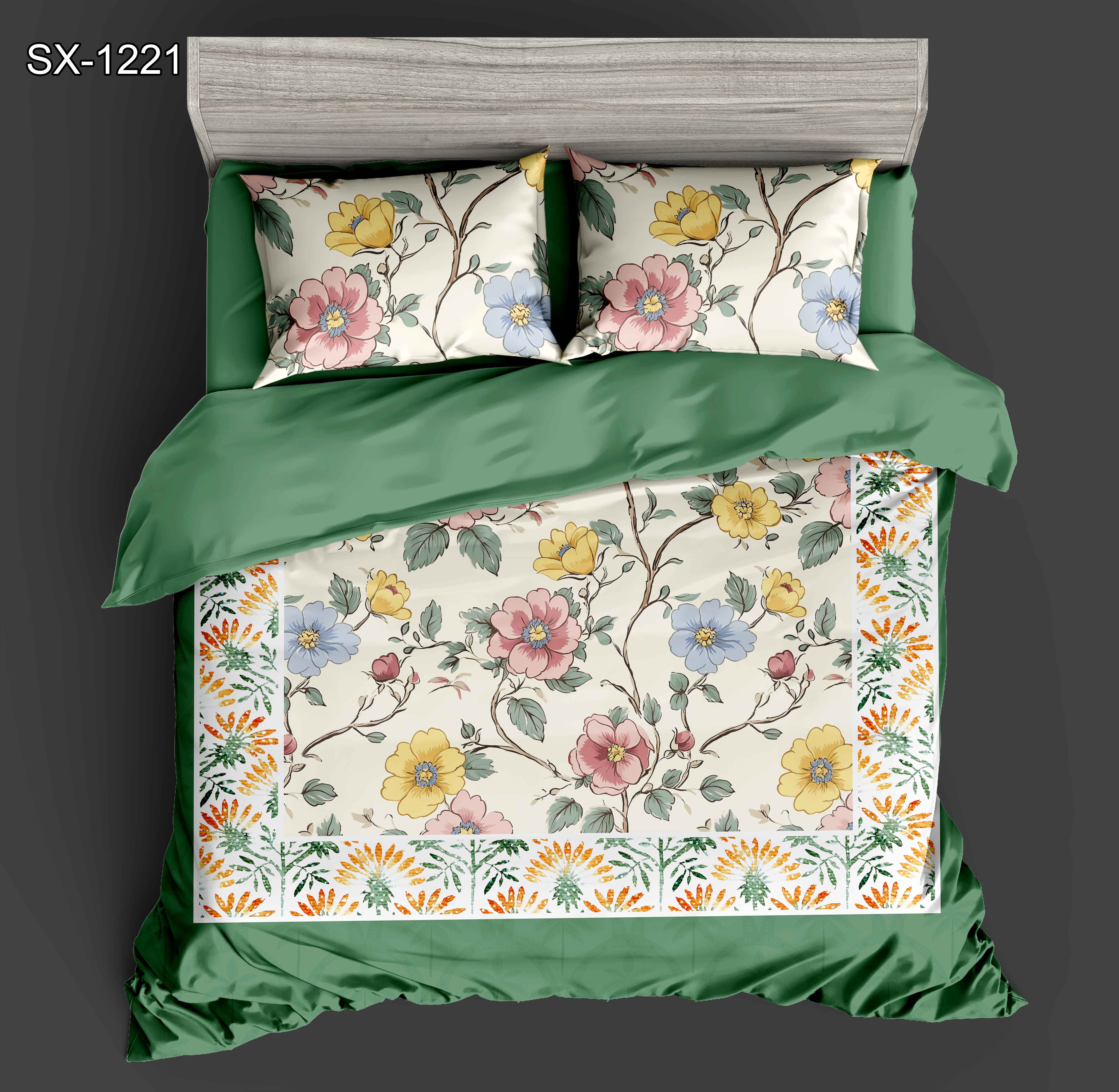 5D Digital Printed Bed Sheet Set Floral Dengan Minyak Bunga dan Desain Perbatasan Botanical