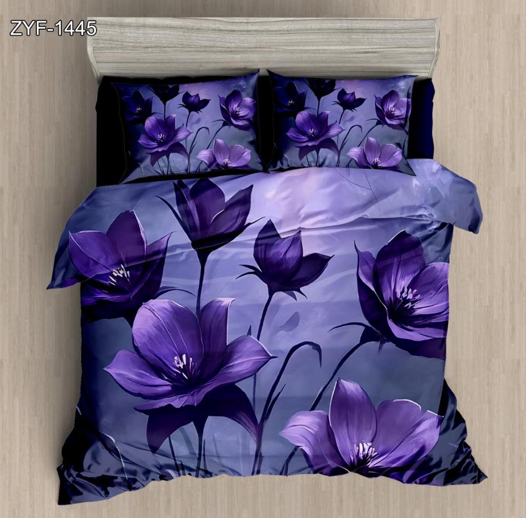 5D Digital Printed Bed Sheet Set Floral dengan Desain Bunga Ungu Dalam