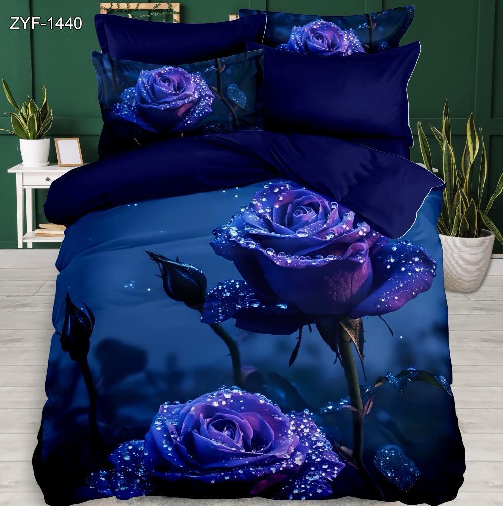 5D Digital Printed Bed Sheet Set Floral dengan Blue Rose dan Dewdrop Design
