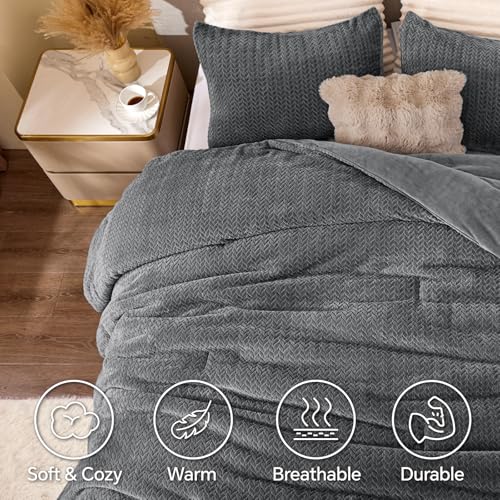 Set Selimut Flanel & Beludru Rajutan Terbalik – Set Tempat Tidur 3 Potong Tekstur Daun 3D