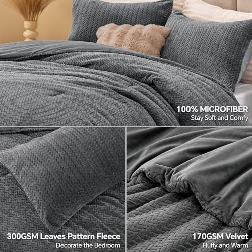 Set Selimut Flanel & Beludru Rajutan Terbalik – Set Tempat Tidur 3 Potong Tekstur Daun 3D