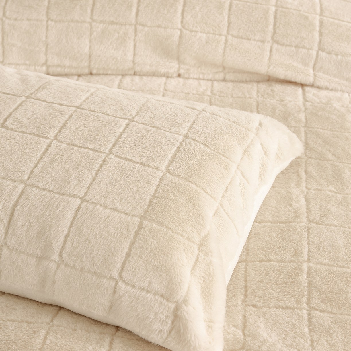 Set Selimut Bulu Kelinci Palsu & Beludru Susu Kotak-kotak – Set Tempat Tidur 3 Potong Jacquard Lembut