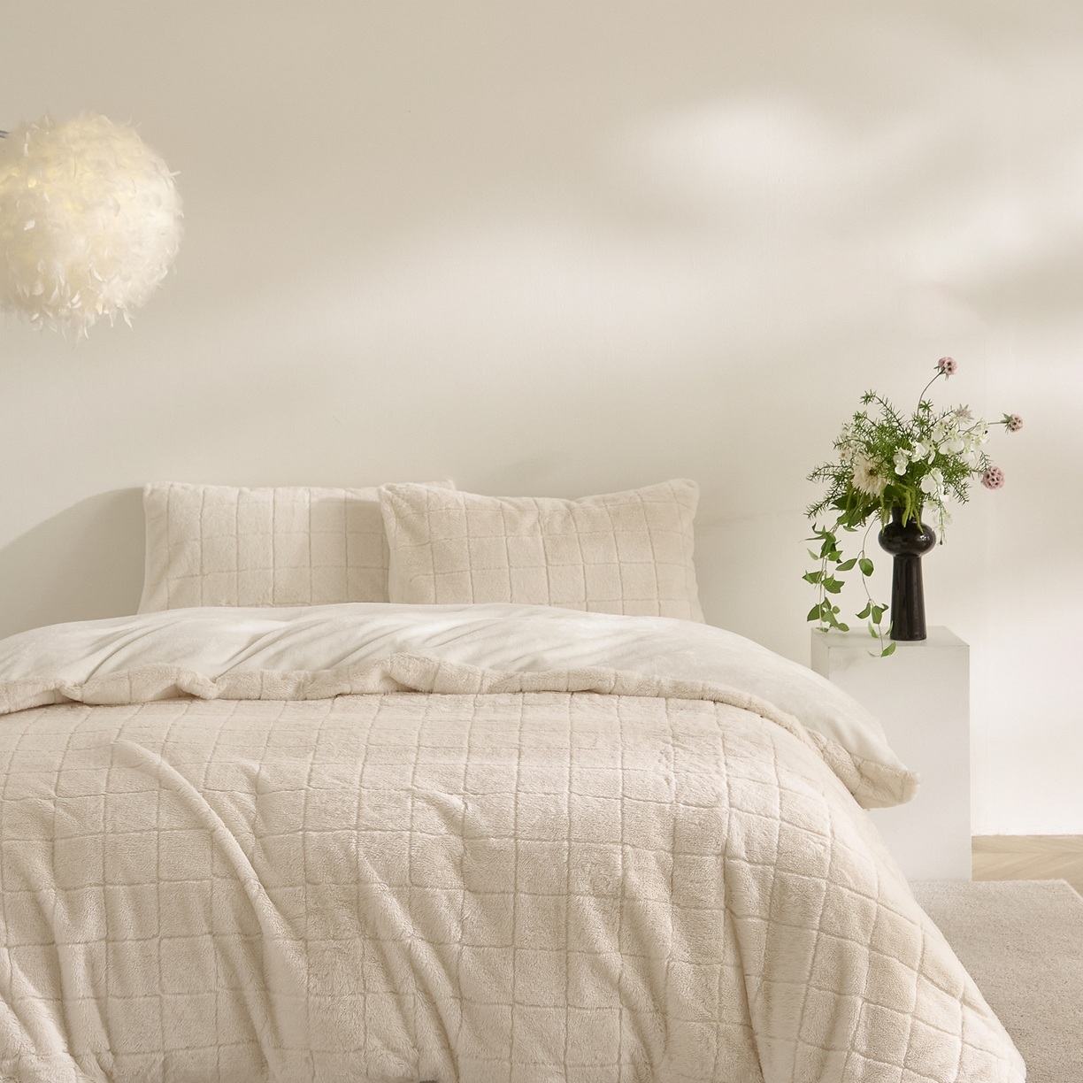 Set Selimut Bulu Kelinci Palsu & Beludru Susu Kotak-kotak – Set Tempat Tidur 3 Potong Jacquard Lembut