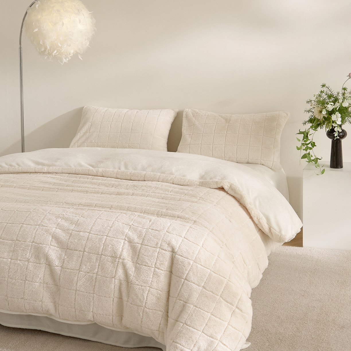 Set Selimut Bulu Kelinci Palsu & Beludru Susu Kotak-kotak – Set Tempat Tidur 3 Potong Jacquard Lembut