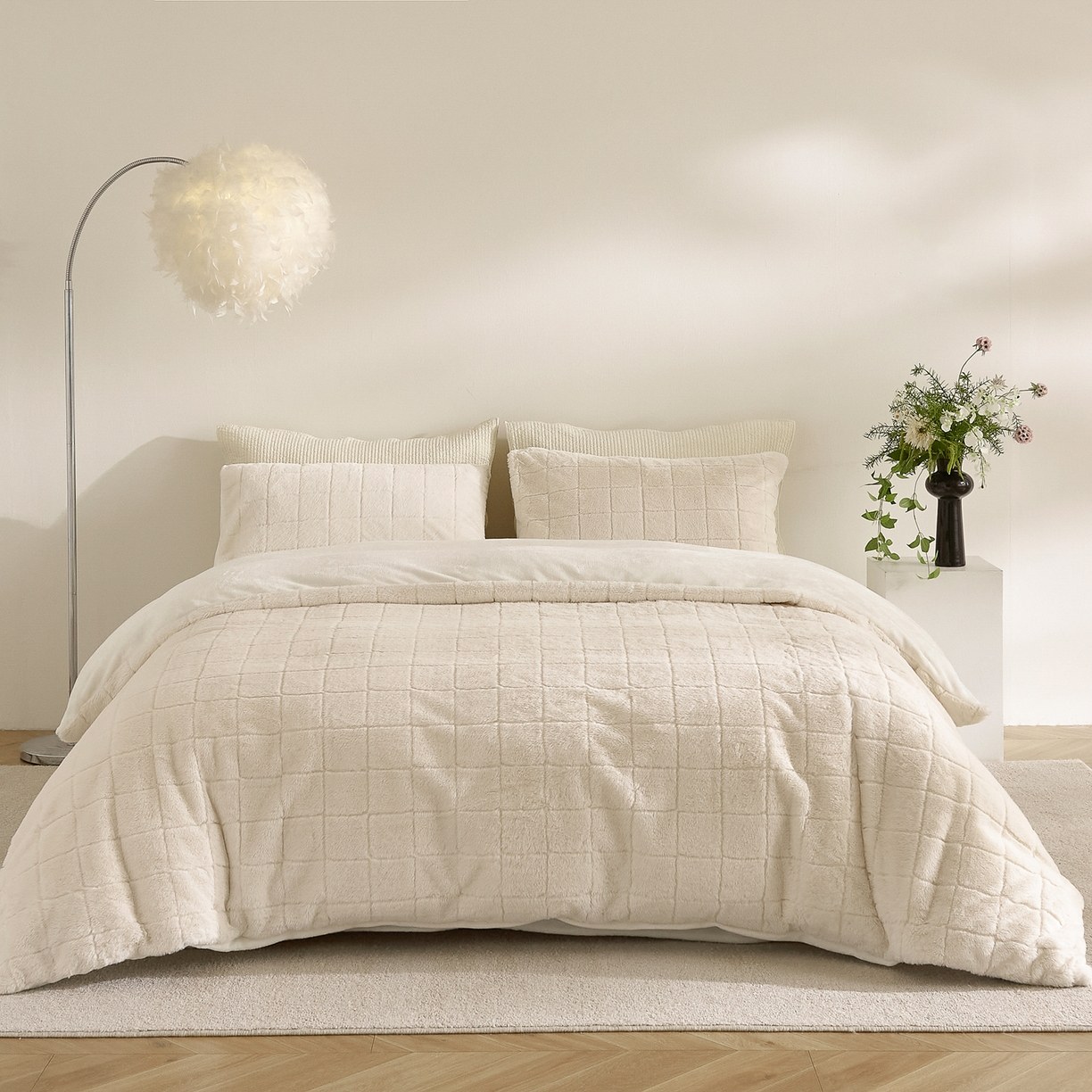 Set Selimut Bulu Kelinci Palsu & Beludru Susu Kotak-kotak – Set Tempat Tidur 3 Potong Jacquard Lembut